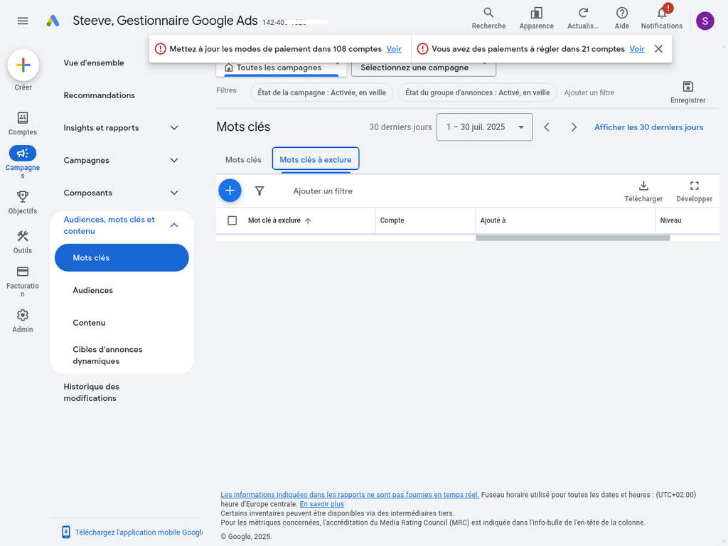 Interface des mots clés à exclure