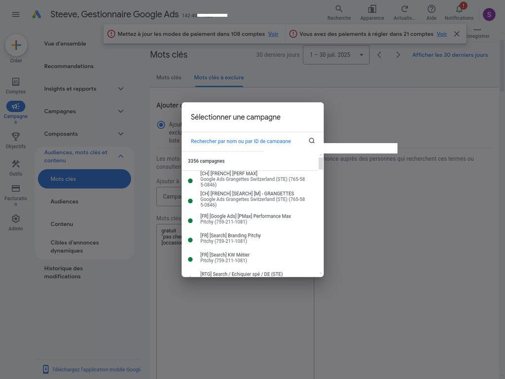 Sélection du niveau d'application