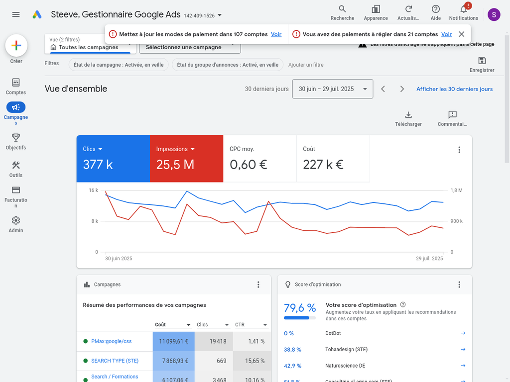Interface principale complète de Google Ads