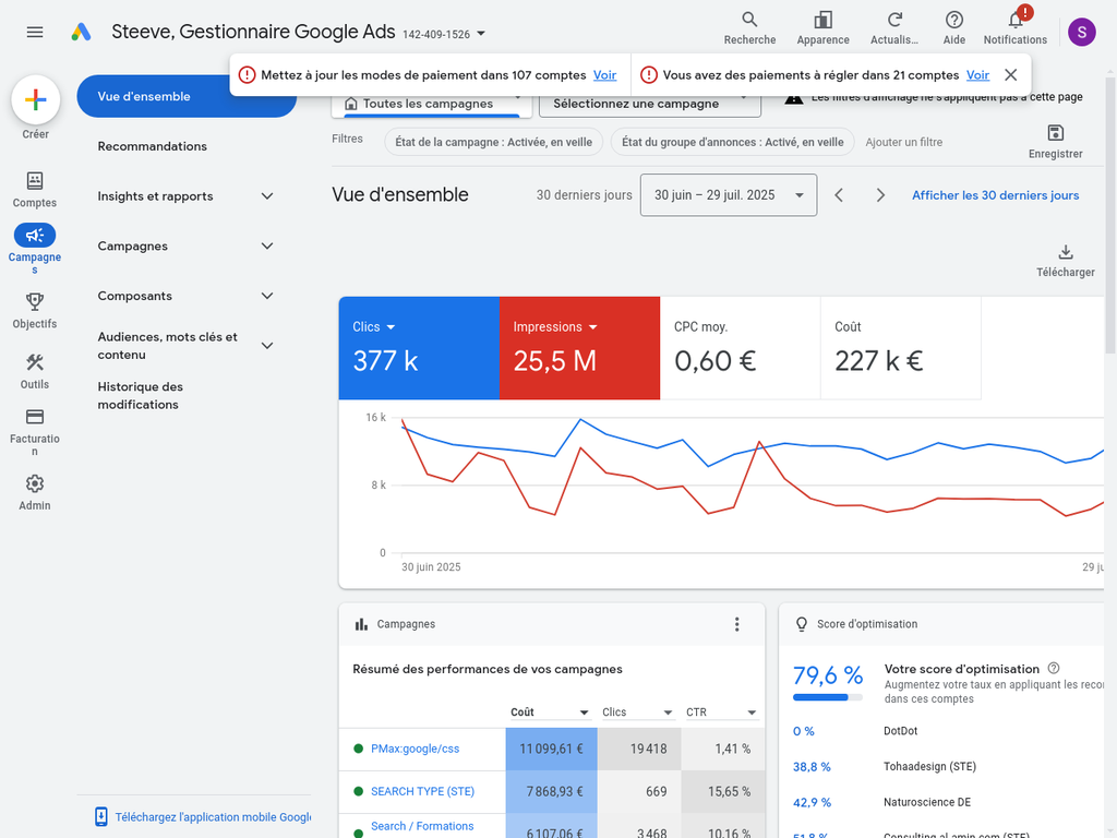 Interface principale de Google Ads