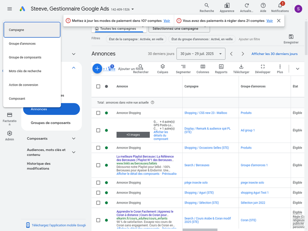 Menu de création dans Google Ads