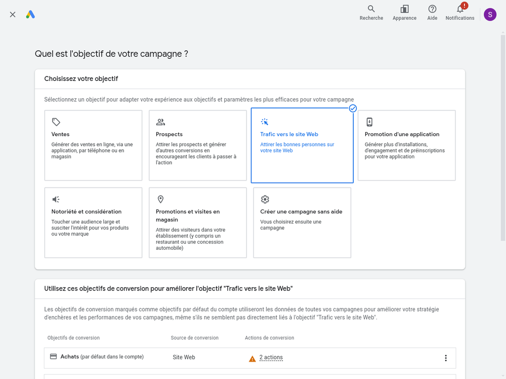 Configuration des objectifs de conversion