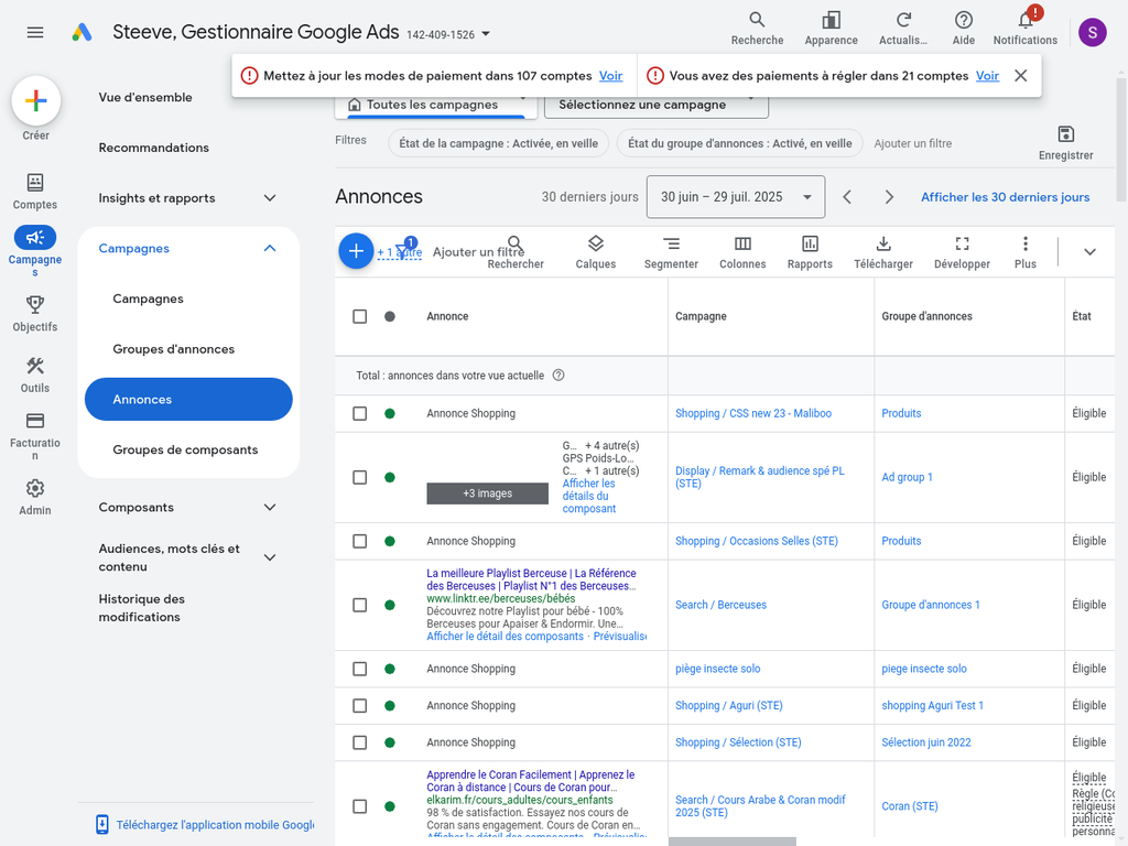 Interface de gestion des annonces