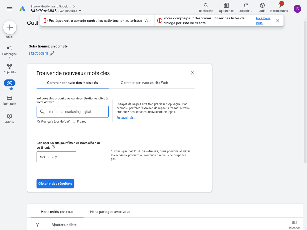 Exemple de recherche de mots clés