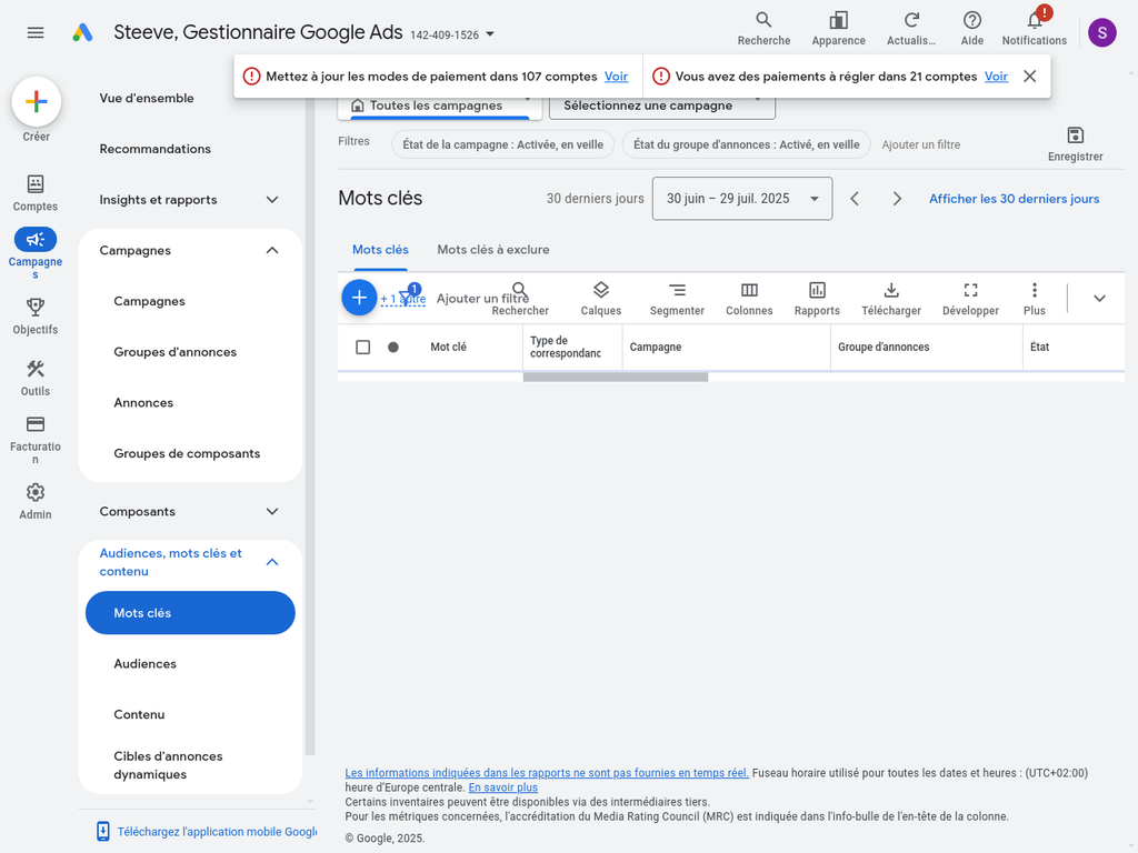 Interface de gestion des mots clés