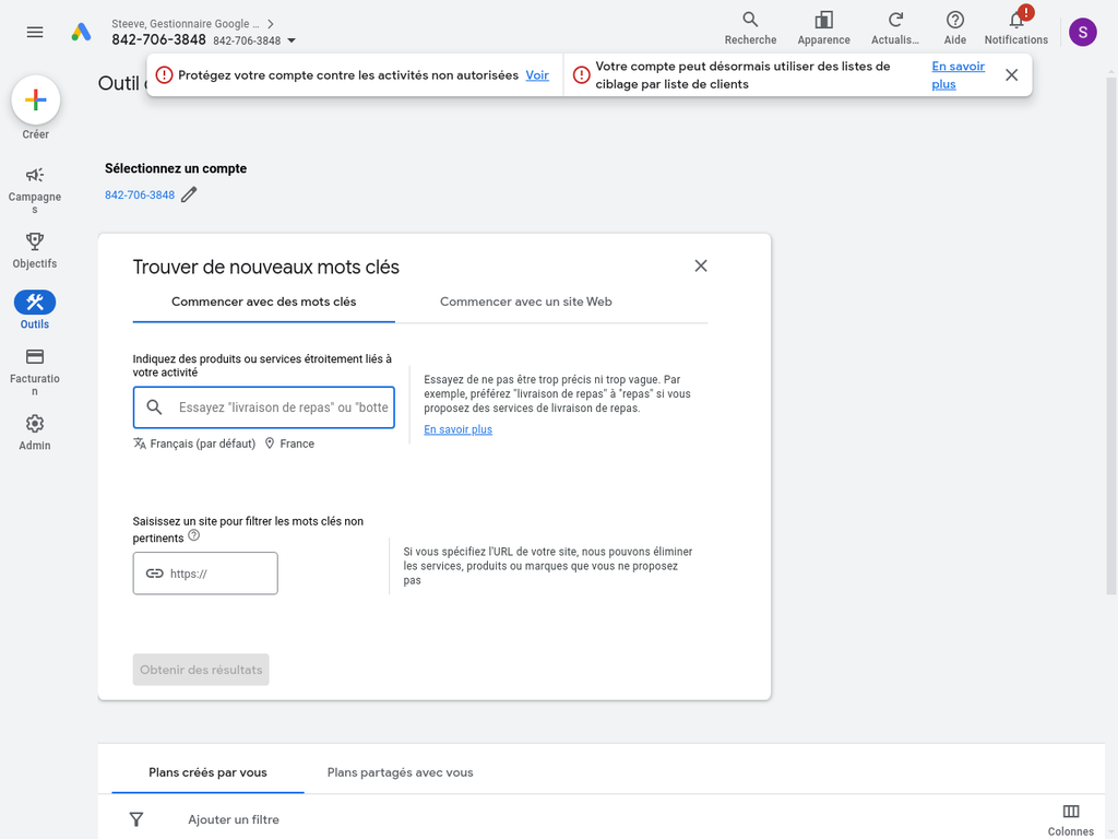 Interface Trouver de nouveaux mots clés