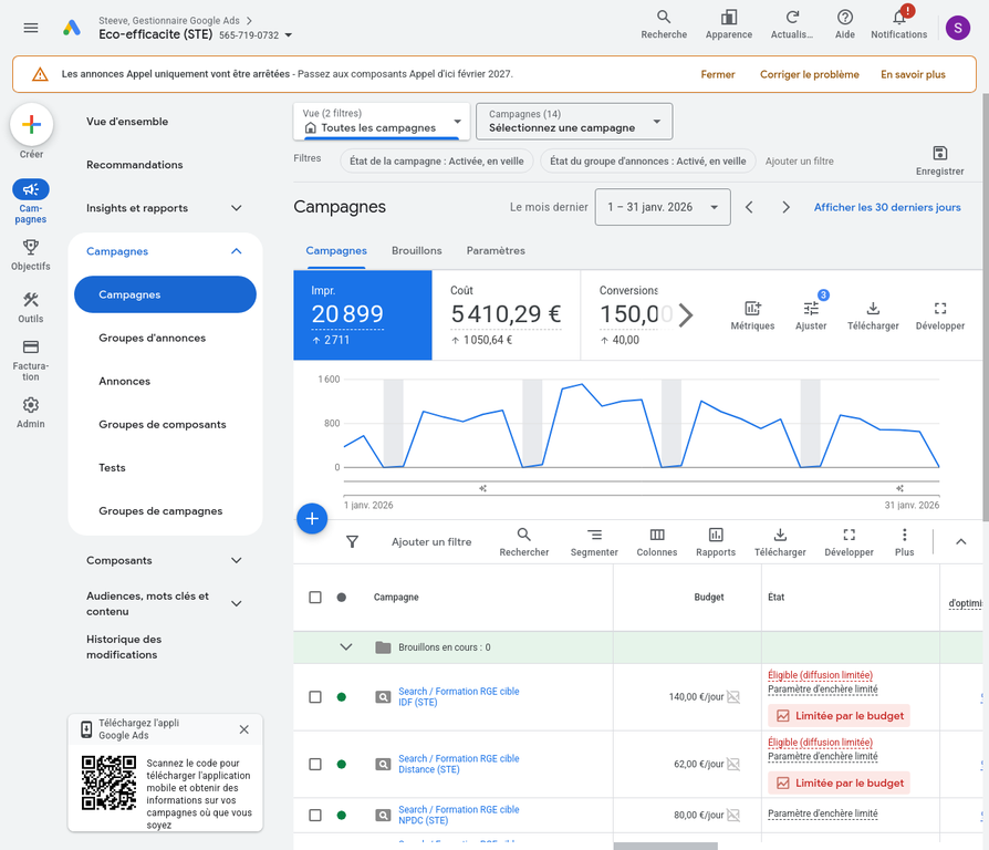 Capture d'écran de l'interface Google Ads 2026 - Liste des campagnes Search et Performance Max avec métriques de performance