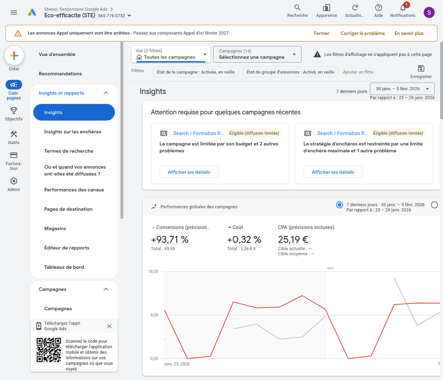 Capture d'écran Google Ads Insights 2026 - Analyse des performances avec conversions en hausse de +93% et tendances de recherche