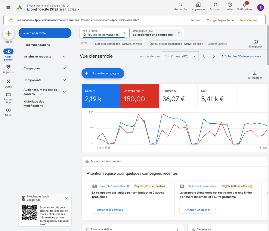 Capture d'écran du tableau de bord Google Ads 2026 - Vue d'ensemble avec graphique de performance, clics et conversions