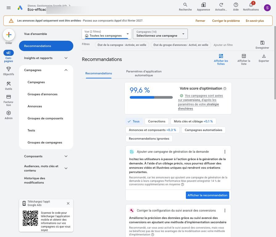 Capture d'écran Google Ads Recommandations 2026 - Score d'optimisation à 99,6% avec suggestions d'amélioration